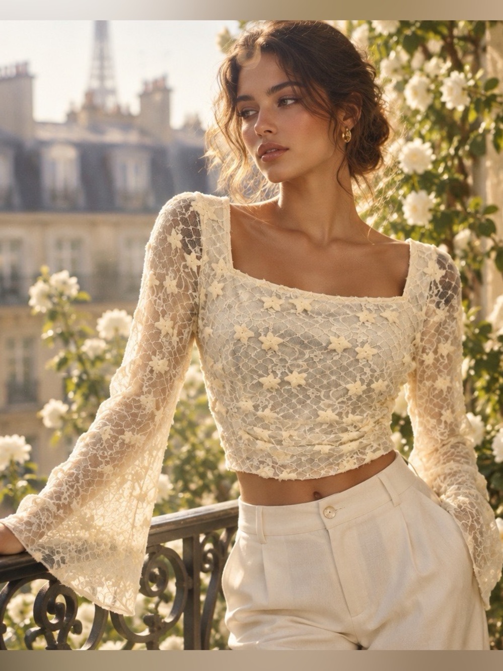 HYFVE Ivory Floral Lace Sheer Bell Sleeve Crop Top Coquette Medium